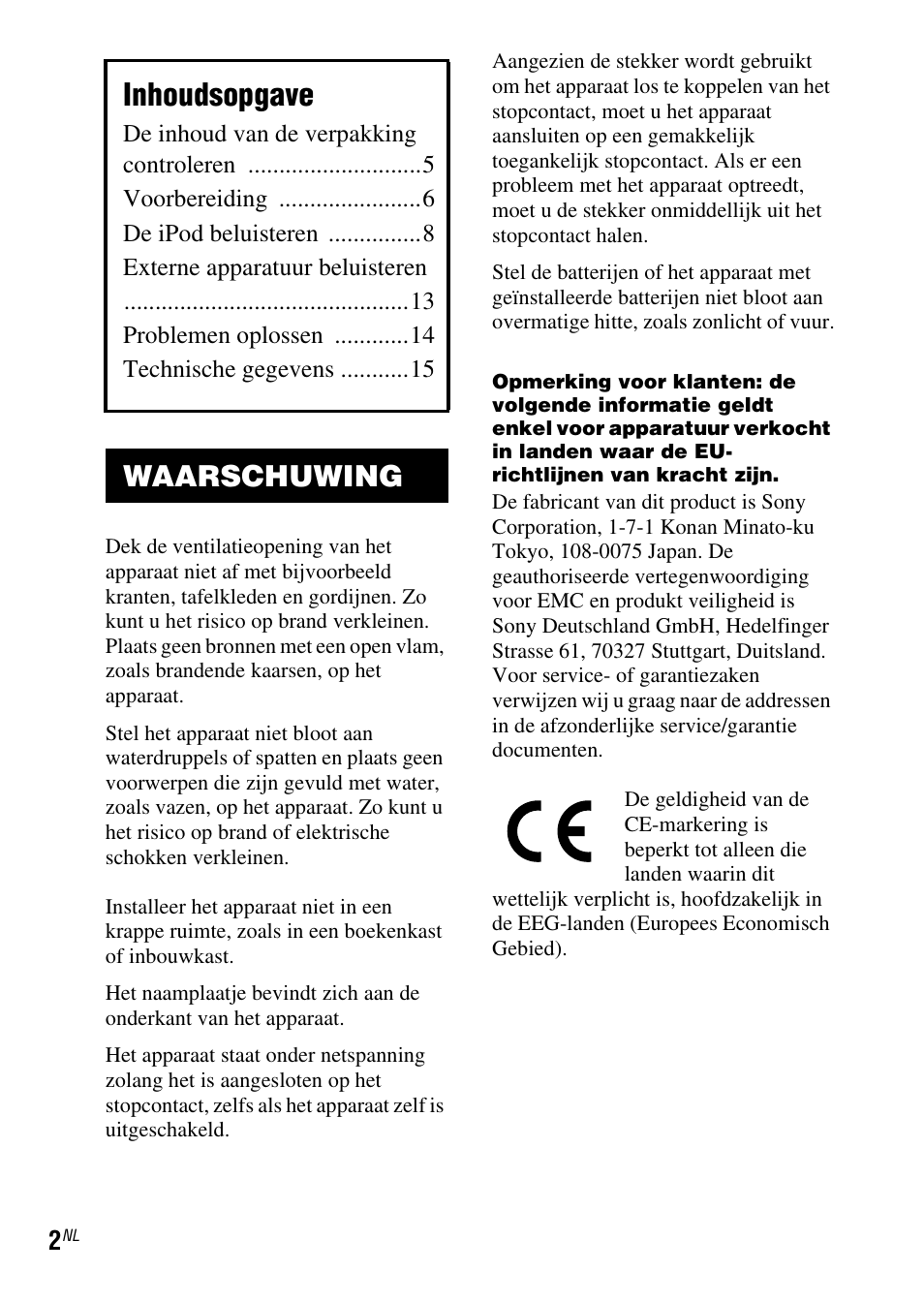 Inhoudsopgave, Waarschuwing | Sony SRS-GU10iP User Manual | Page 58 / 116