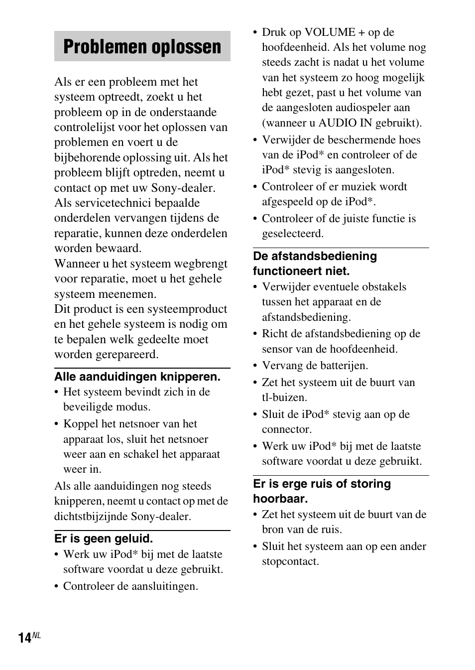 Problemen oplossen | Sony SRS-GU10iP User Manual | Page 70 / 116