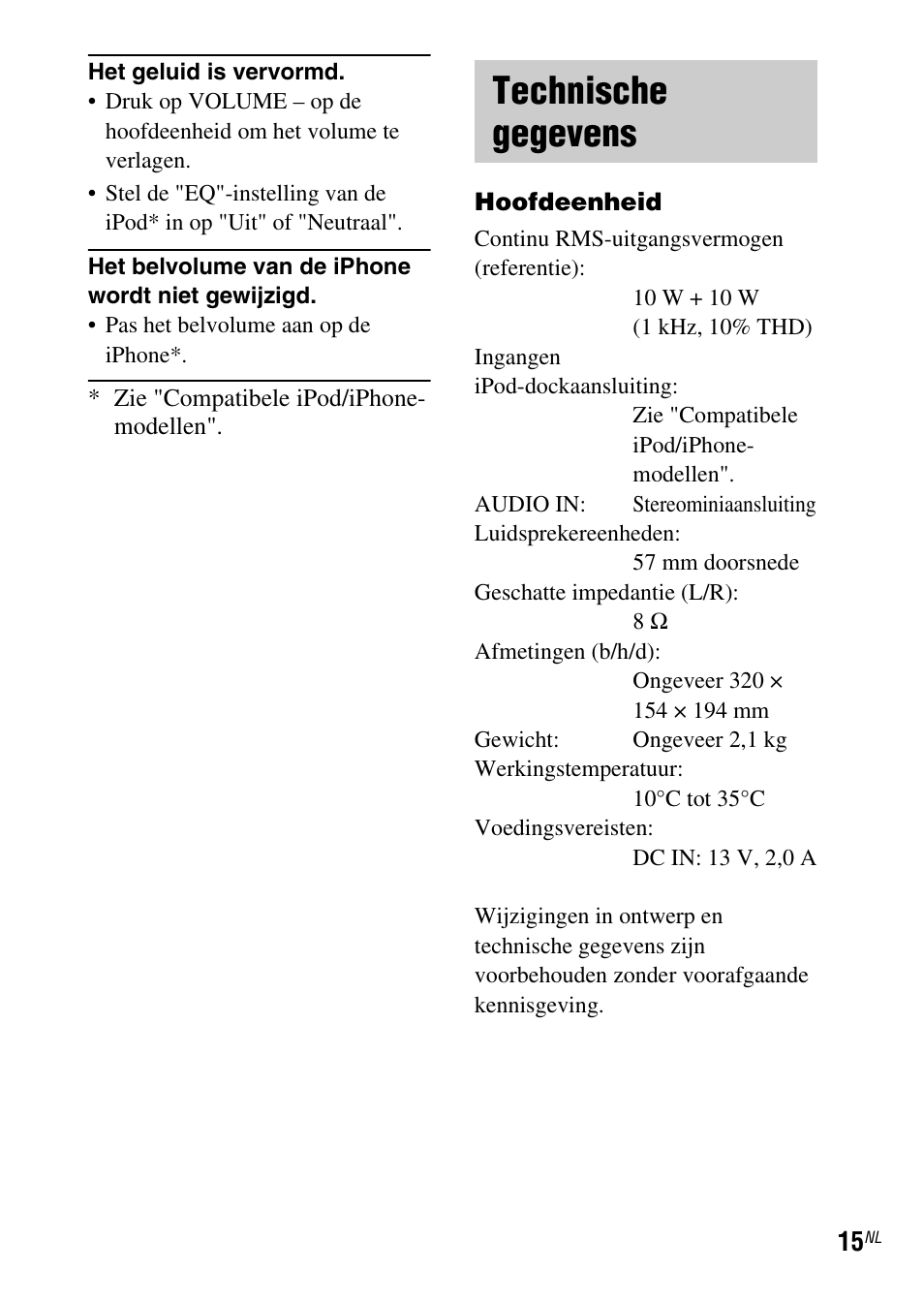 Technische gegevens | Sony SRS-GU10iP User Manual | Page 71 / 116