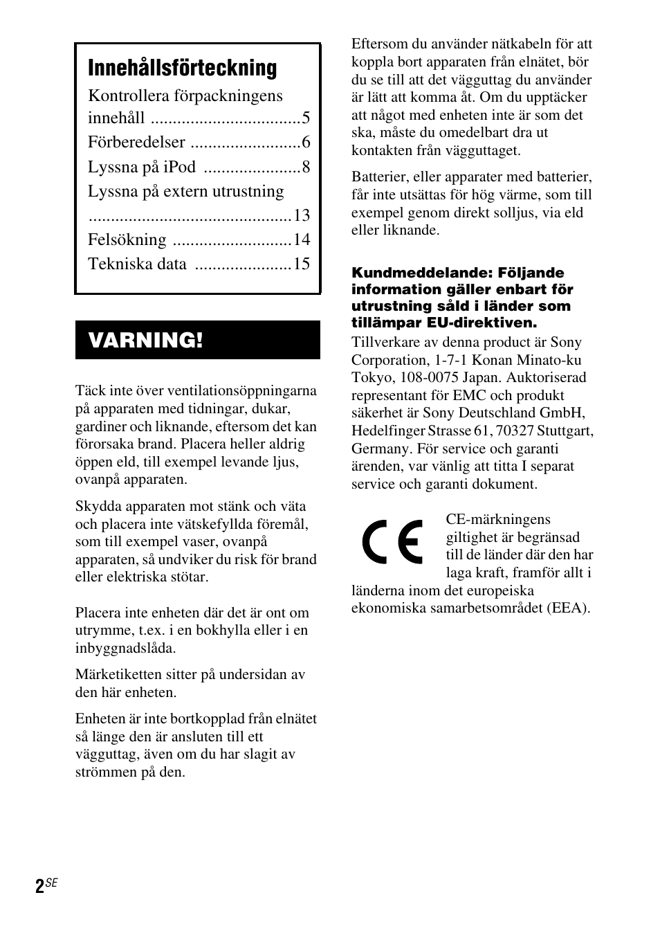 Innehållsförteckning, Varning | Sony SRS-GU10iP User Manual | Page 72 / 116