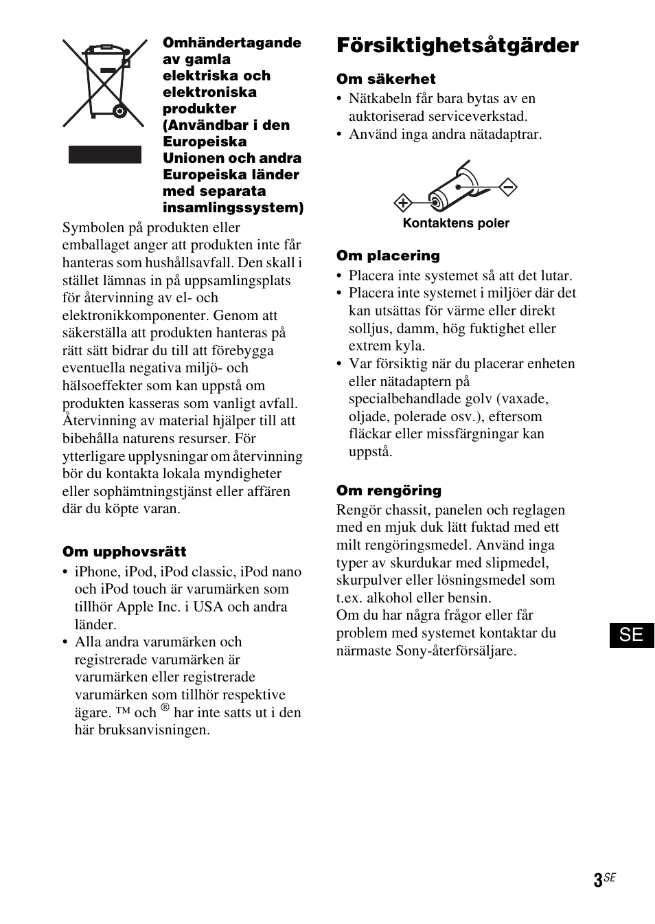 Försiktighetsåtgärder | Sony SRS-GU10iP User Manual | Page 73 / 116
