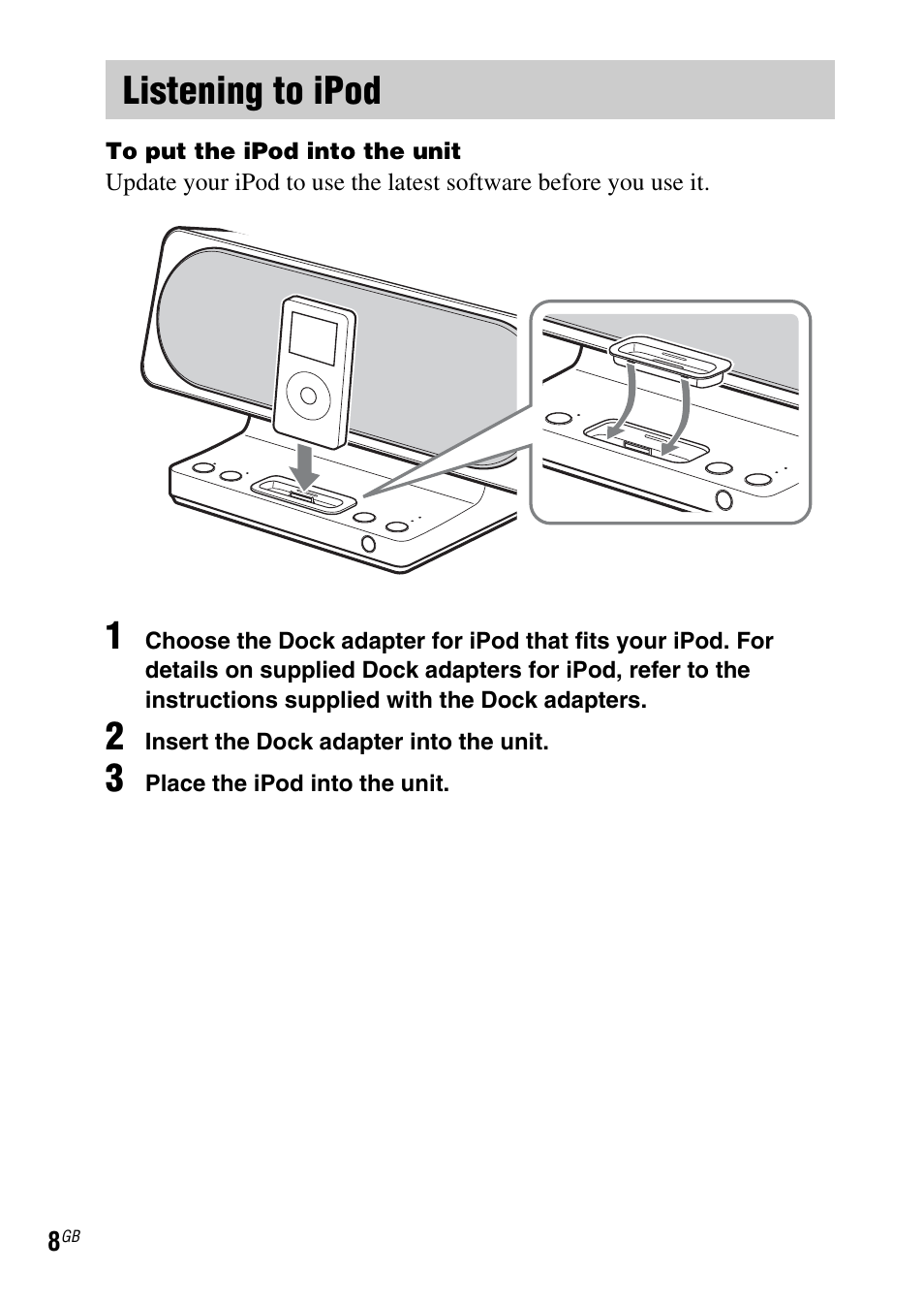 Listening to ipod | Sony SRS-GU10iP User Manual | Page 8 / 116