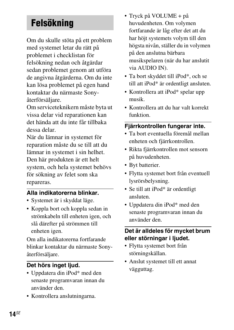 Felsökning | Sony SRS-GU10iP User Manual | Page 84 / 116