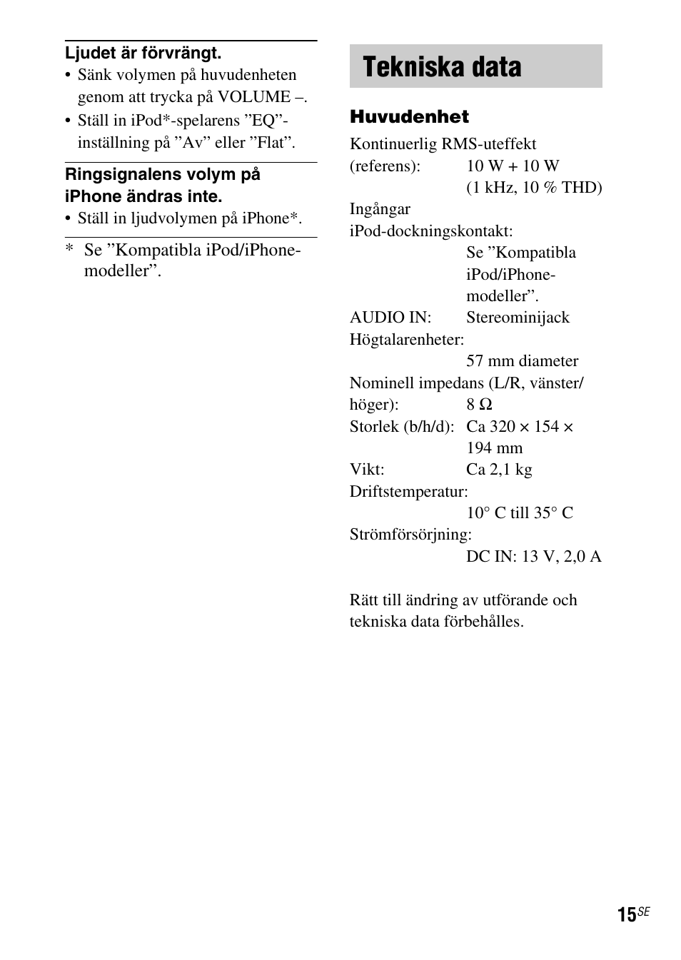 Tekniska data | Sony SRS-GU10iP User Manual | Page 85 / 116