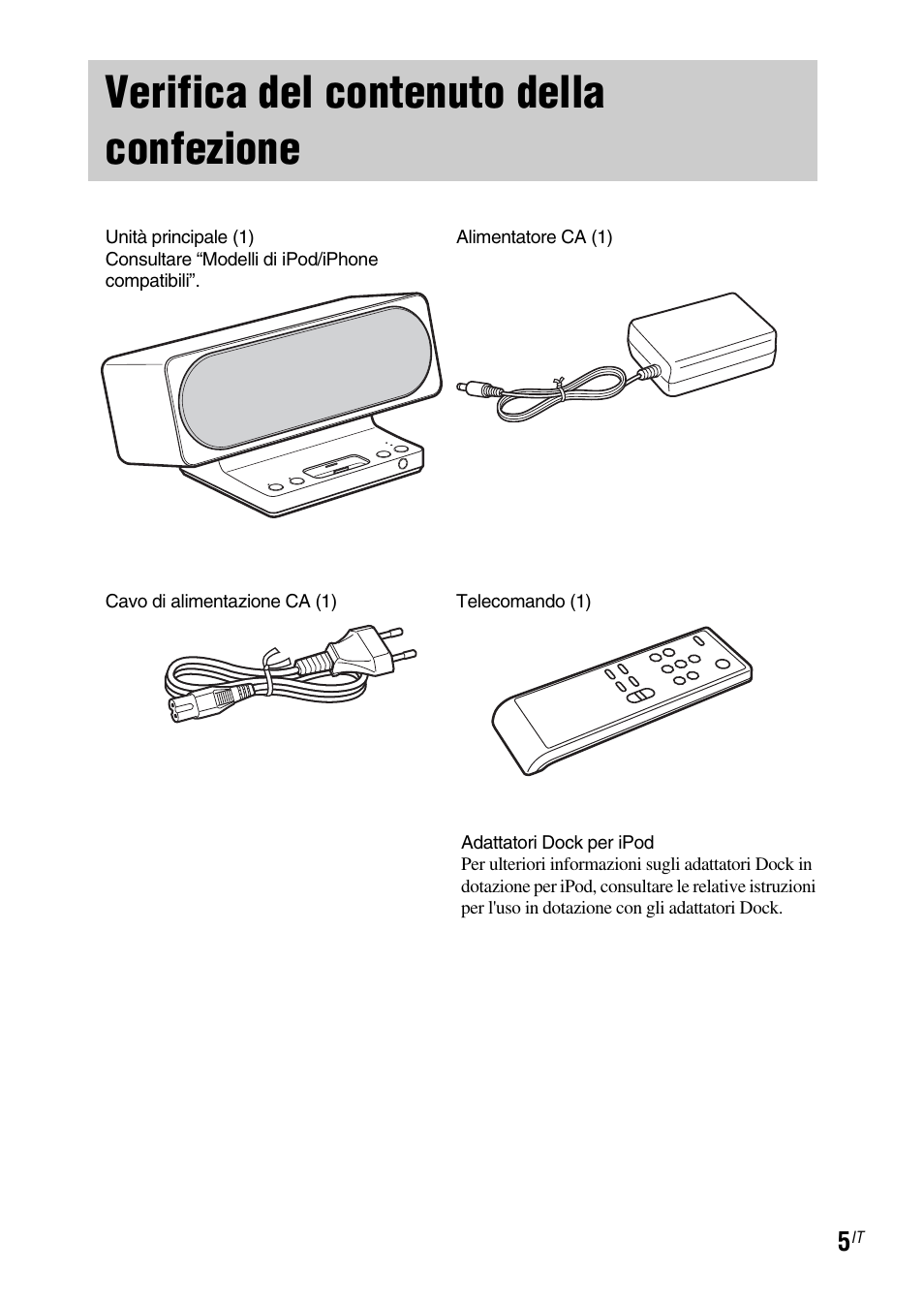 Verifica del contenuto della confezione | Sony SRS-GU10iP User Manual | Page 89 / 116