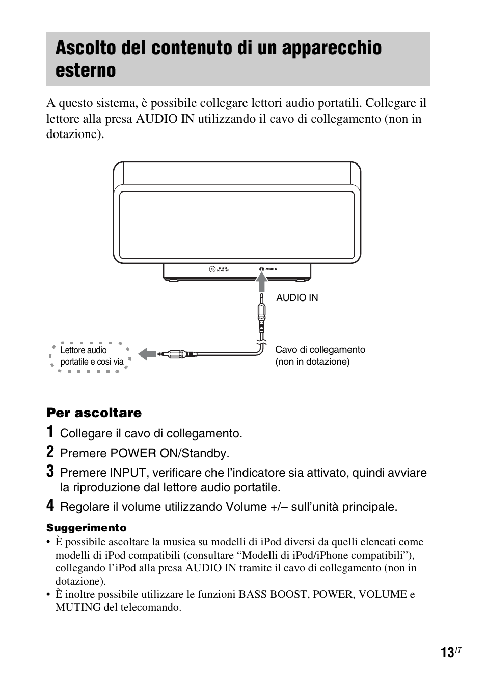 Ascolto del contenuto di un apparecchio esterno | Sony SRS-GU10iP User Manual | Page 97 / 116