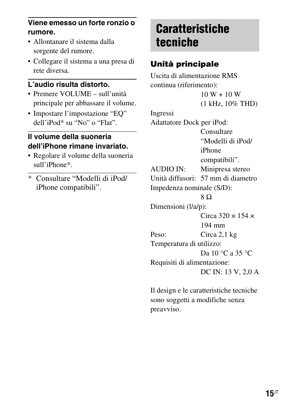 Caratteristiche tecniche | Sony SRS-GU10iP User Manual | Page 99 / 116