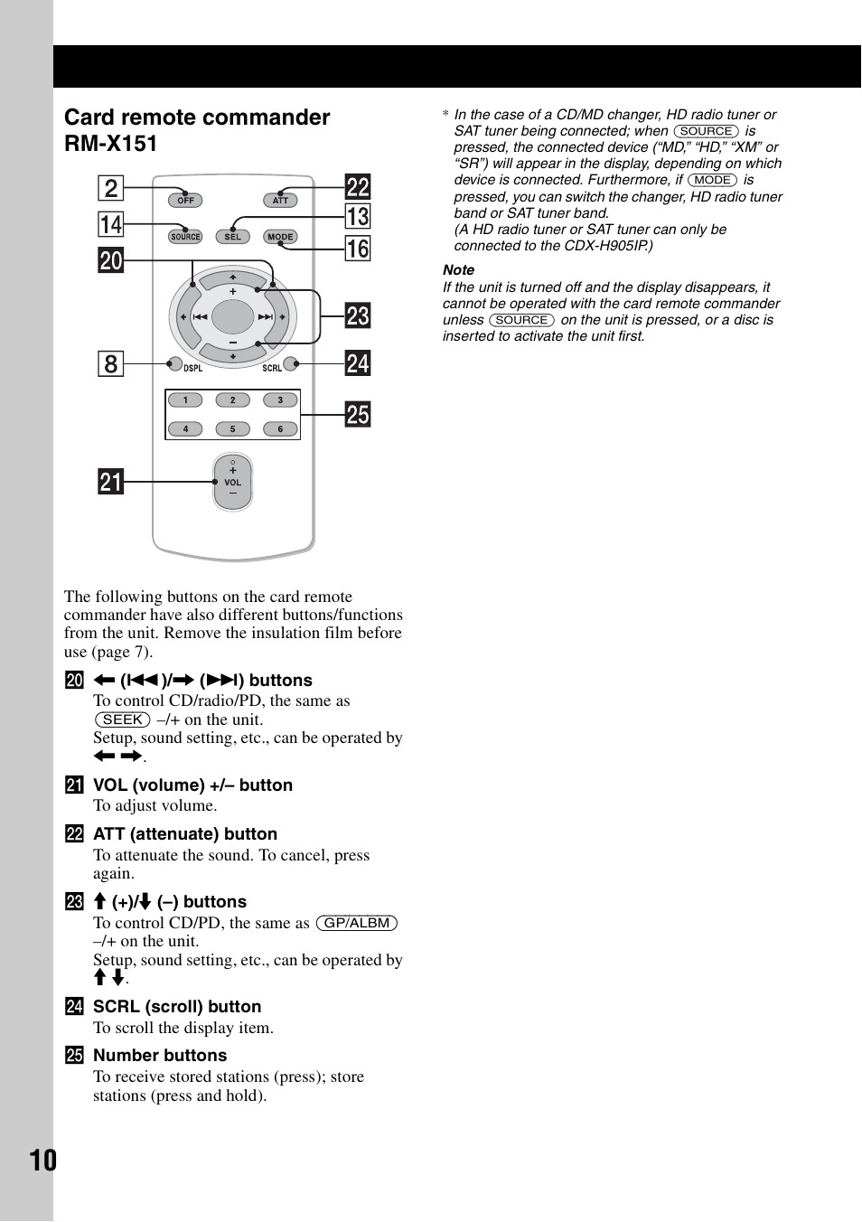 Card remote commander rm-x151 | Sony CDX-H905iP User Manual | Page 10 / 136