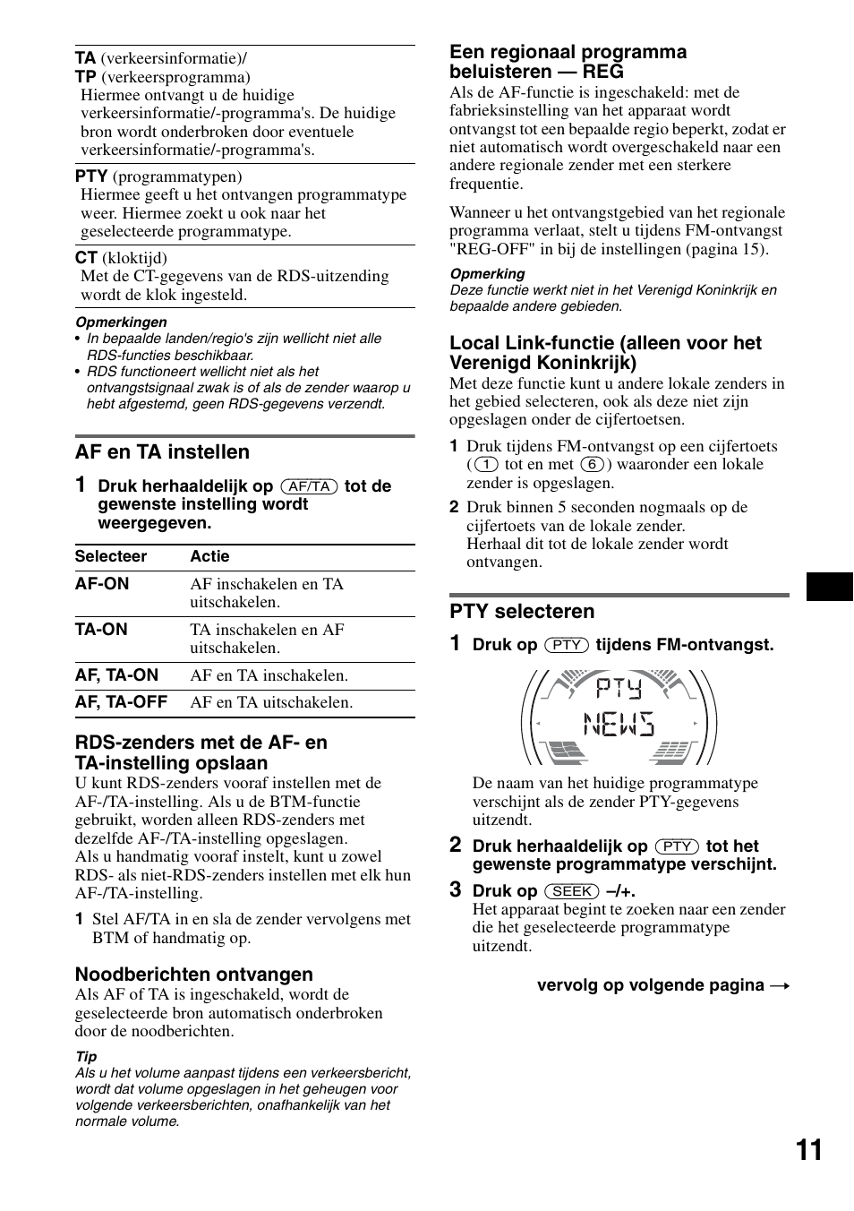 Af en ta instellen, Pty selecteren, Af en ta instellen pty selecteren | Sony CDX-H905iP User Manual | Page 101 / 136