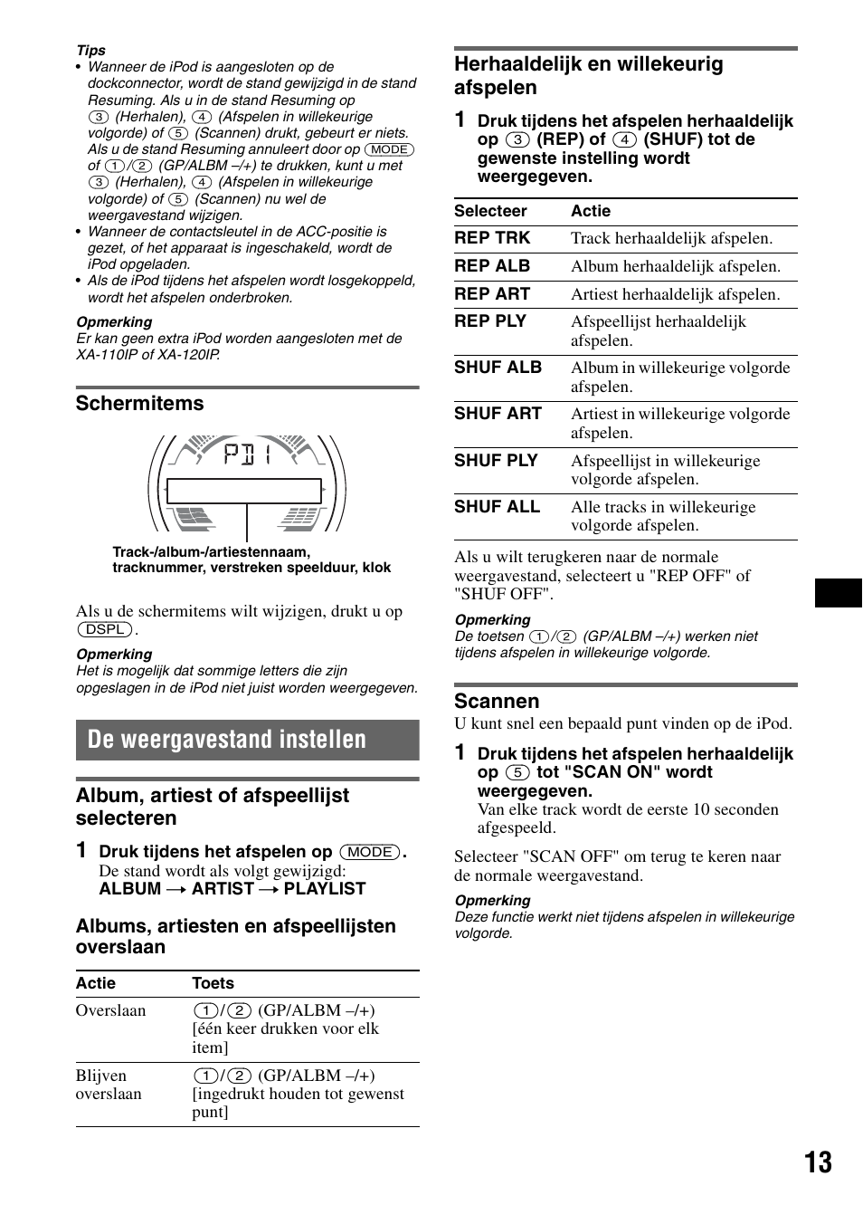 Schermitems, De weergavestand instellen, Album, artiest of afspeellijst selecteren | Herhaaldelijk en willekeurig afspelen, Scannen, Album, artiest of afspeellijst | Sony CDX-H905iP User Manual | Page 103 / 136