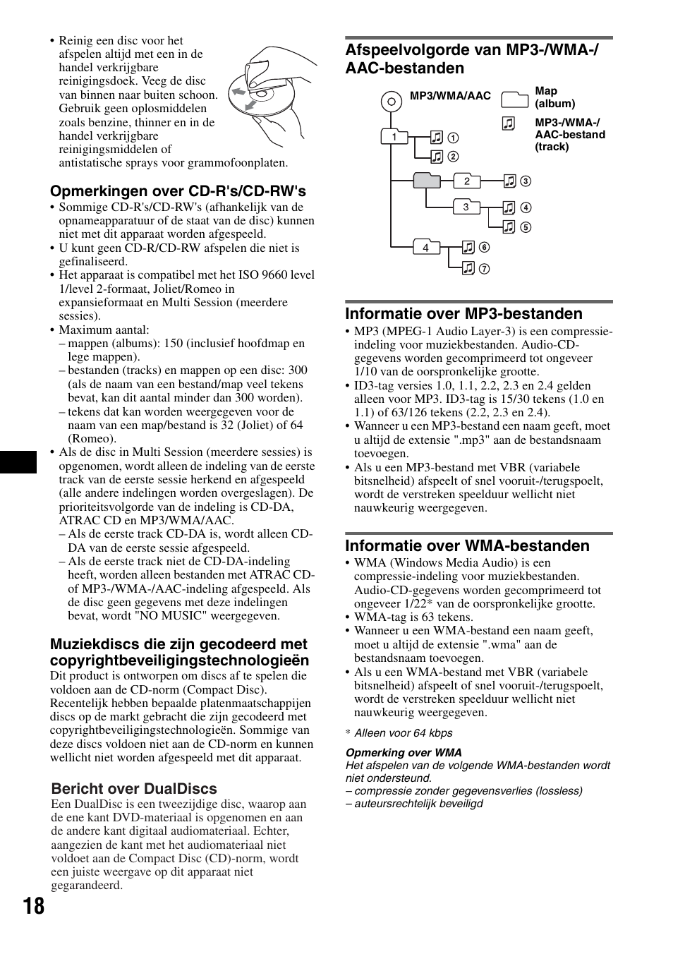 Afspeelvolgorde van mp3-/wma-/ aac-bestanden, Informatie over mp3-bestanden, Informatie over wma-bestanden | Afspeelvolgorde van mp3-/wma, Opmerkingen over cd-r's/cd-rw's, Bericht over dualdiscs | Sony CDX-H905iP User Manual | Page 108 / 136