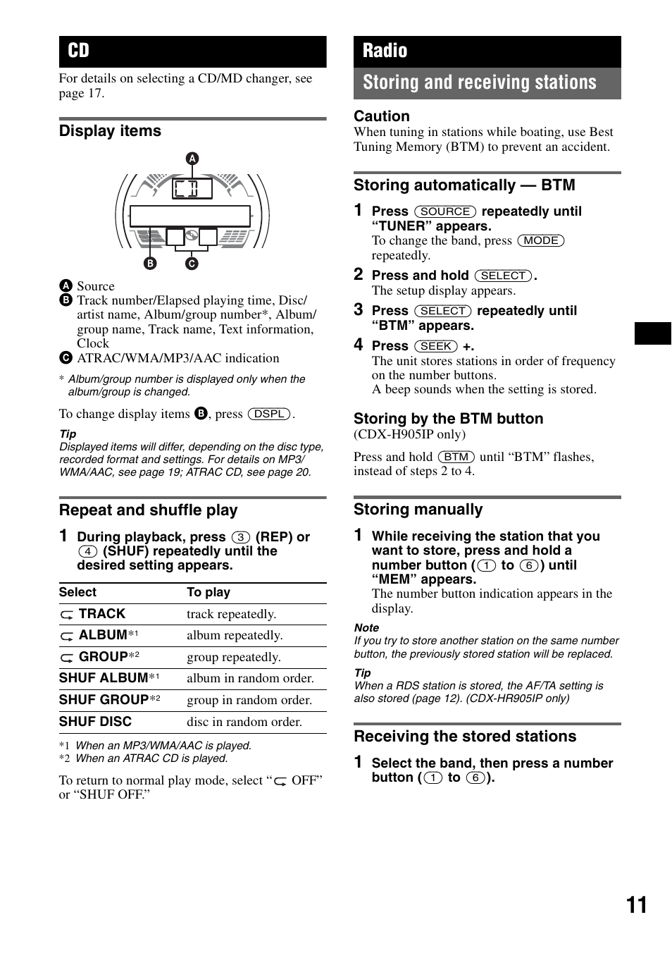 Display items, Repeat and shuffle play, Radio | Storing and receiving stations, Storing automatically - btm, Storing manually, Receiving the stored stations, Display items repeat and shuffle play, Radio storing and receiving stations | Sony CDX-H905iP User Manual | Page 11 / 136