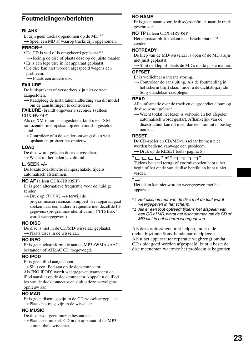 Foutmeldingen/berichten | Sony CDX-H905iP User Manual | Page 113 / 136