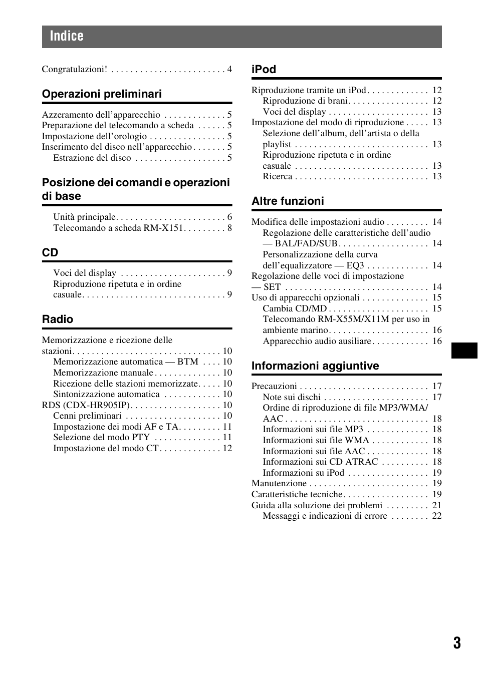 Indice | Sony CDX-H905iP User Manual | Page 115 / 136