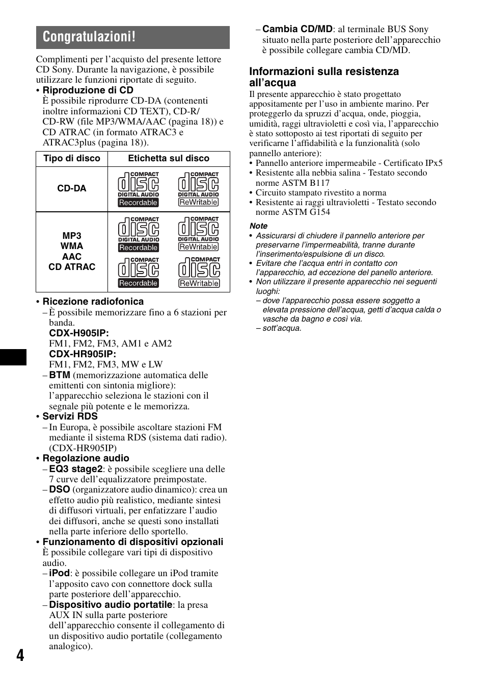 Congratulazioni | Sony CDX-H905iP User Manual | Page 116 / 136