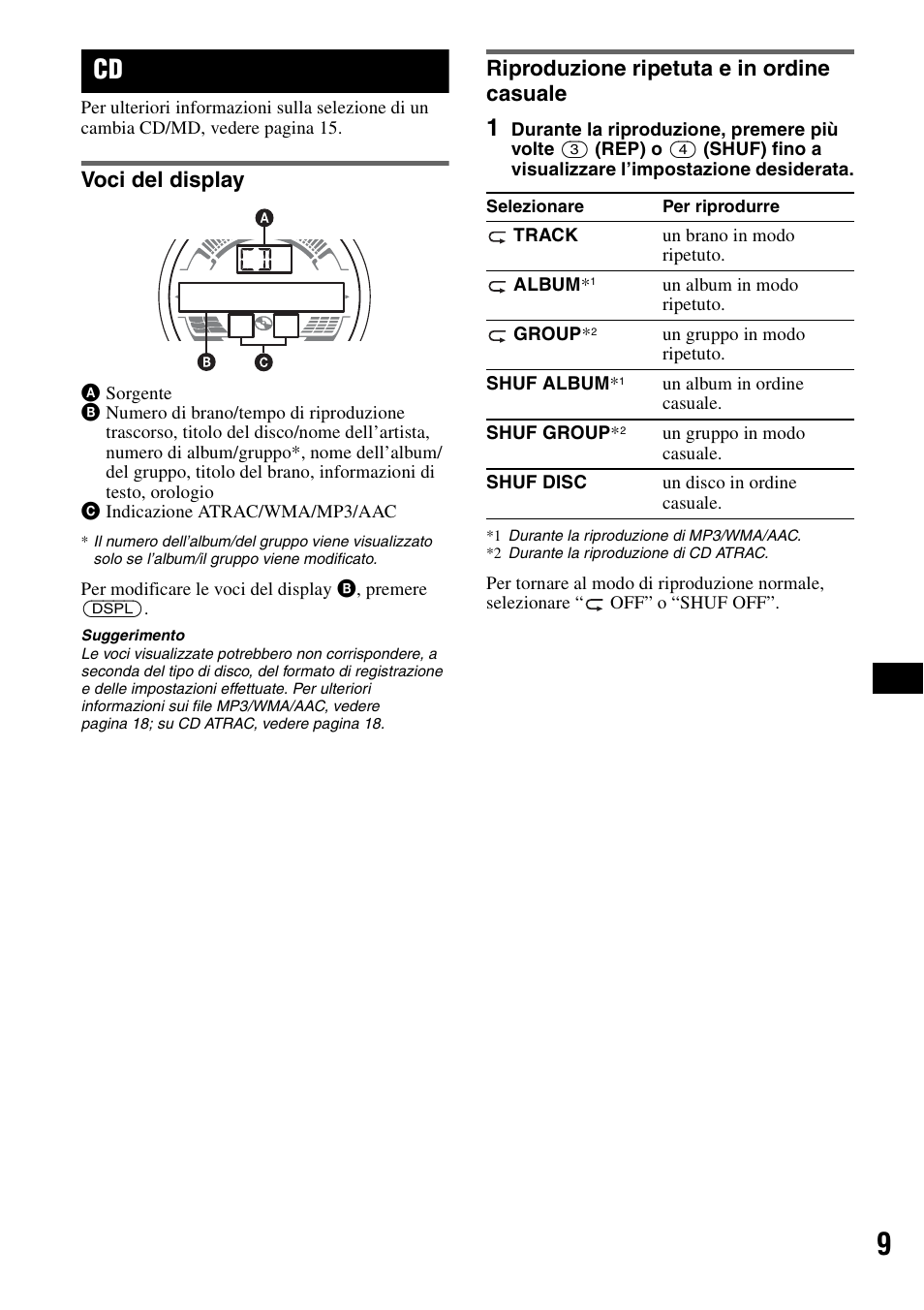 Voci del display, Riproduzione ripetuta e in ordine casuale, Voci del display riproduzione ripetuta e in ordine | Casuale | Sony CDX-H905iP User Manual | Page 121 / 136