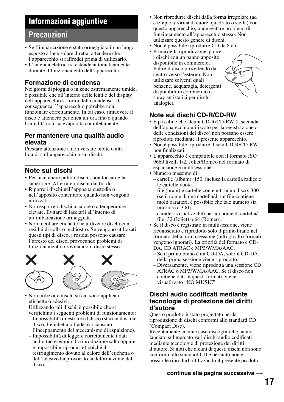 Informazioni aggiuntive, Precauzioni, Note sui dischi | Informazioni aggiuntive precauzioni | Sony CDX-H905iP User Manual | Page 129 / 136