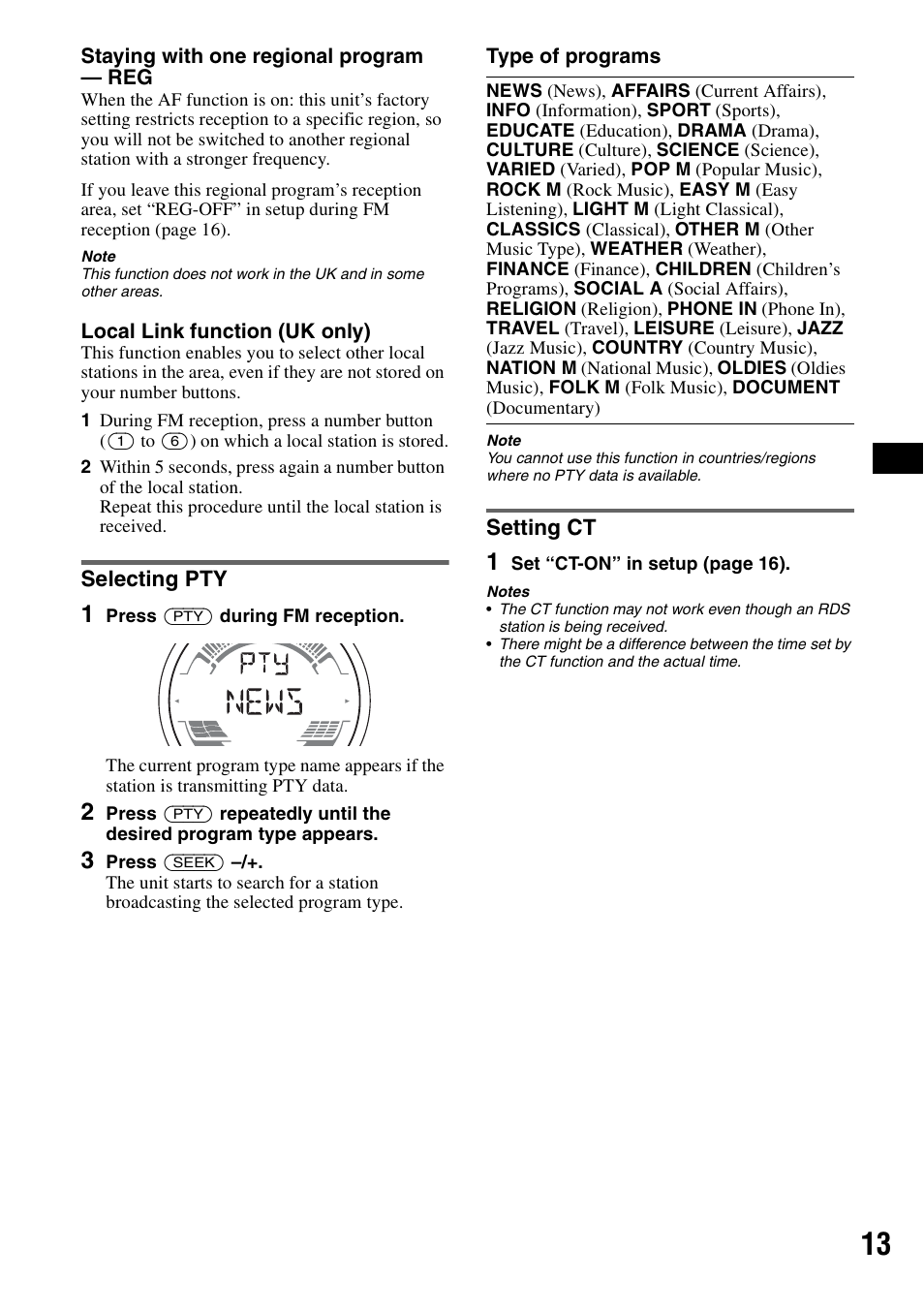 Selecting pty, Setting ct, Selecting pty setting ct | Sony CDX-H905iP User Manual | Page 13 / 136