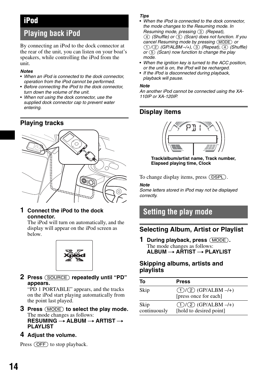 Ipod, Playing back ipod, Playing tracks | Display items, Setting the play mode, Selecting album, artist or playlist, Playing tracks display items, Ipod playing back ipod, Skipping albums, artists and playlists | Sony CDX-H905iP User Manual | Page 14 / 136