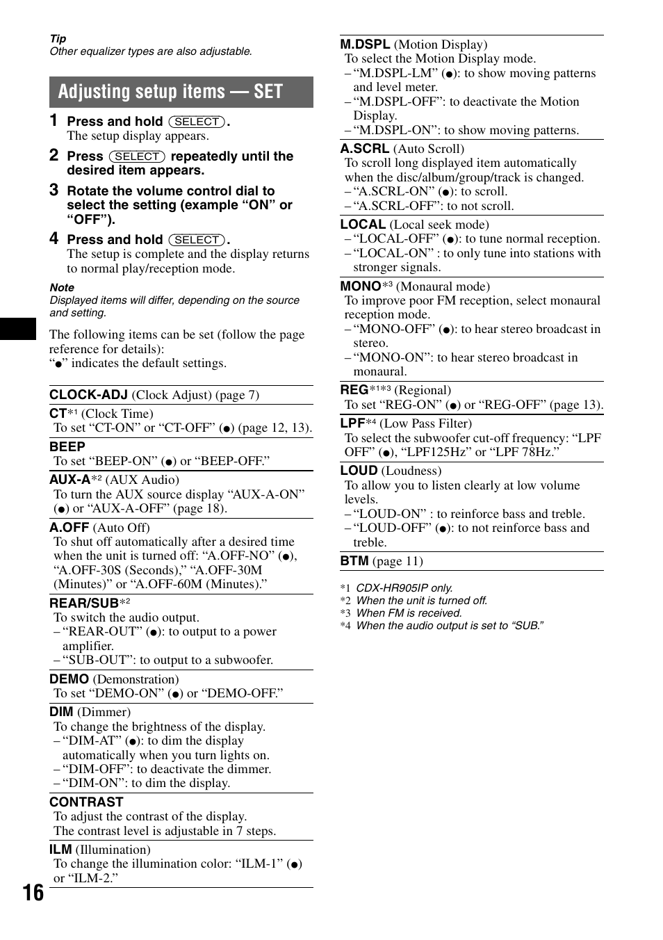 Adjusting setup items - set, Adjusting setup items — set | Sony CDX-H905iP User Manual | Page 16 / 136