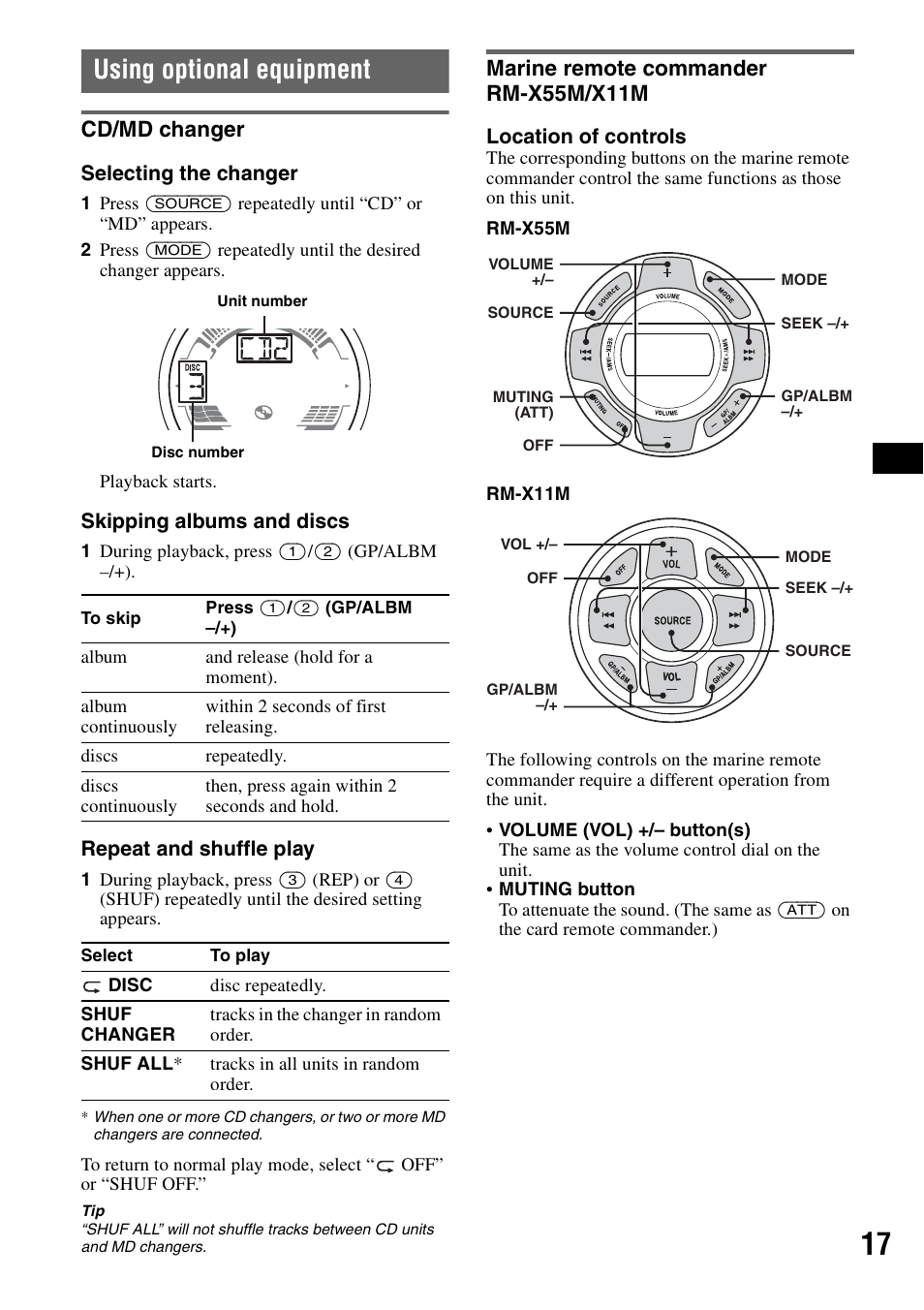 Using optional equipment, Cd/md changer, Marine remote commander rm-x55m/x11m | Cd/md changer marine remote commander, Rm-x55m/x11m | Sony CDX-H905iP User Manual | Page 17 / 136