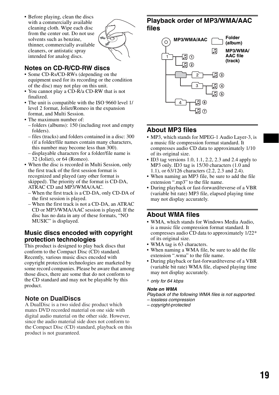Playback order of mp3/wma/aac files, About mp3 files, About wma files | Playback order of mp3/wma, Aac files about mp3 files about wma files | Sony CDX-H905iP User Manual | Page 19 / 136