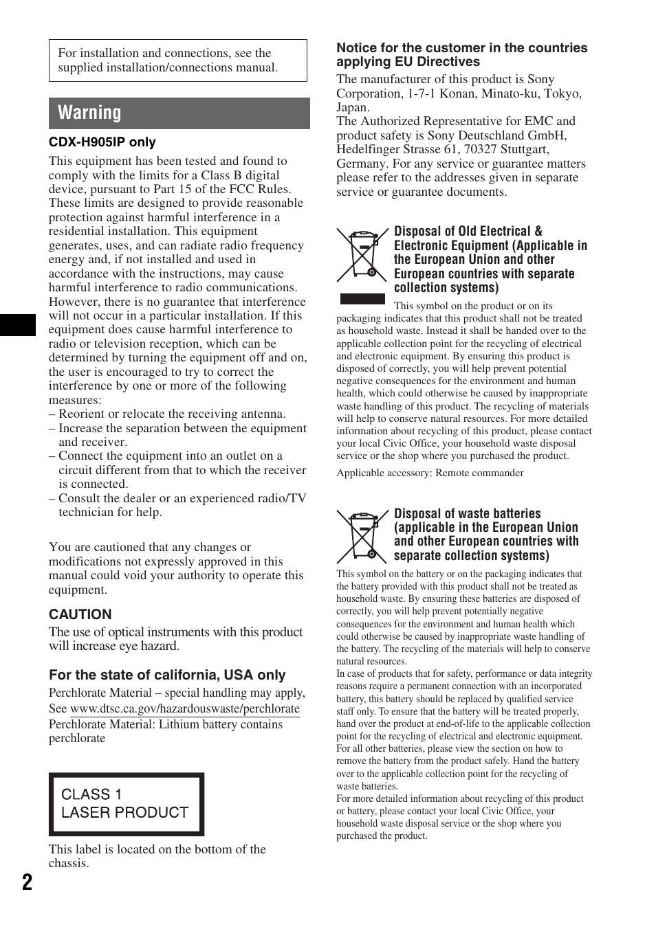 Warning | Sony CDX-H905iP User Manual | Page 2 / 136