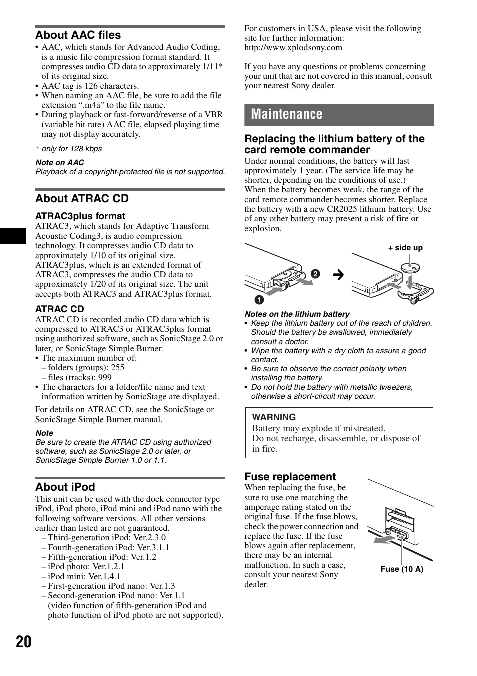 About aac files, About atrac cd, About ipod | Maintenance, About aac files about atrac cd about ipod | Sony CDX-H905iP User Manual | Page 20 / 136