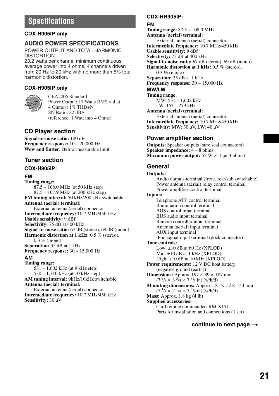 Specifications, General, Audio power specifications | Sony CDX-H905iP User Manual | Page 21 / 136