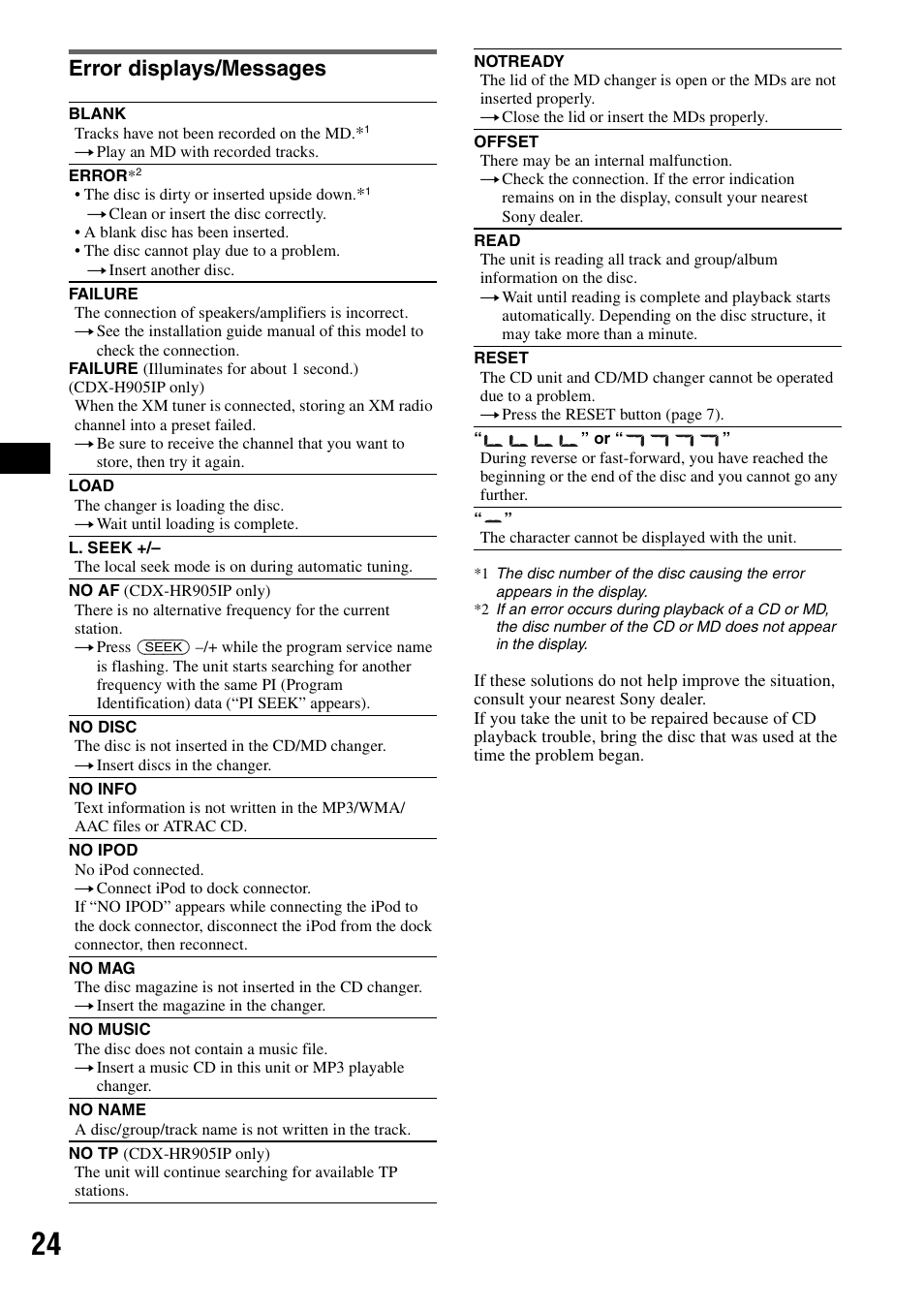 Error displays/messages | Sony CDX-H905iP User Manual | Page 24 / 136