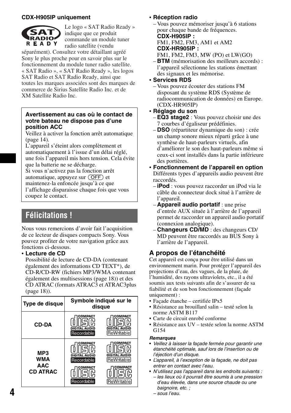 Félicitations | Sony CDX-H905iP User Manual | Page 28 / 136