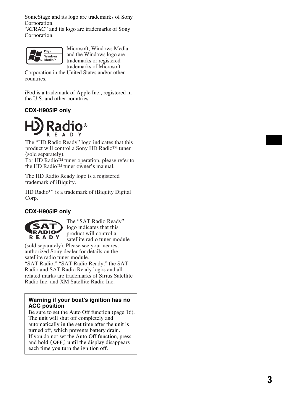 Sony CDX-H905iP User Manual | Page 3 / 136
