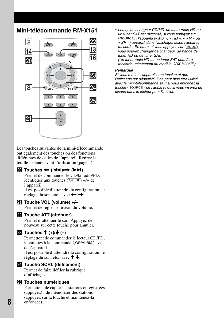 Mini-télécommande rm-x151 | Sony CDX-H905iP User Manual | Page 32 / 136