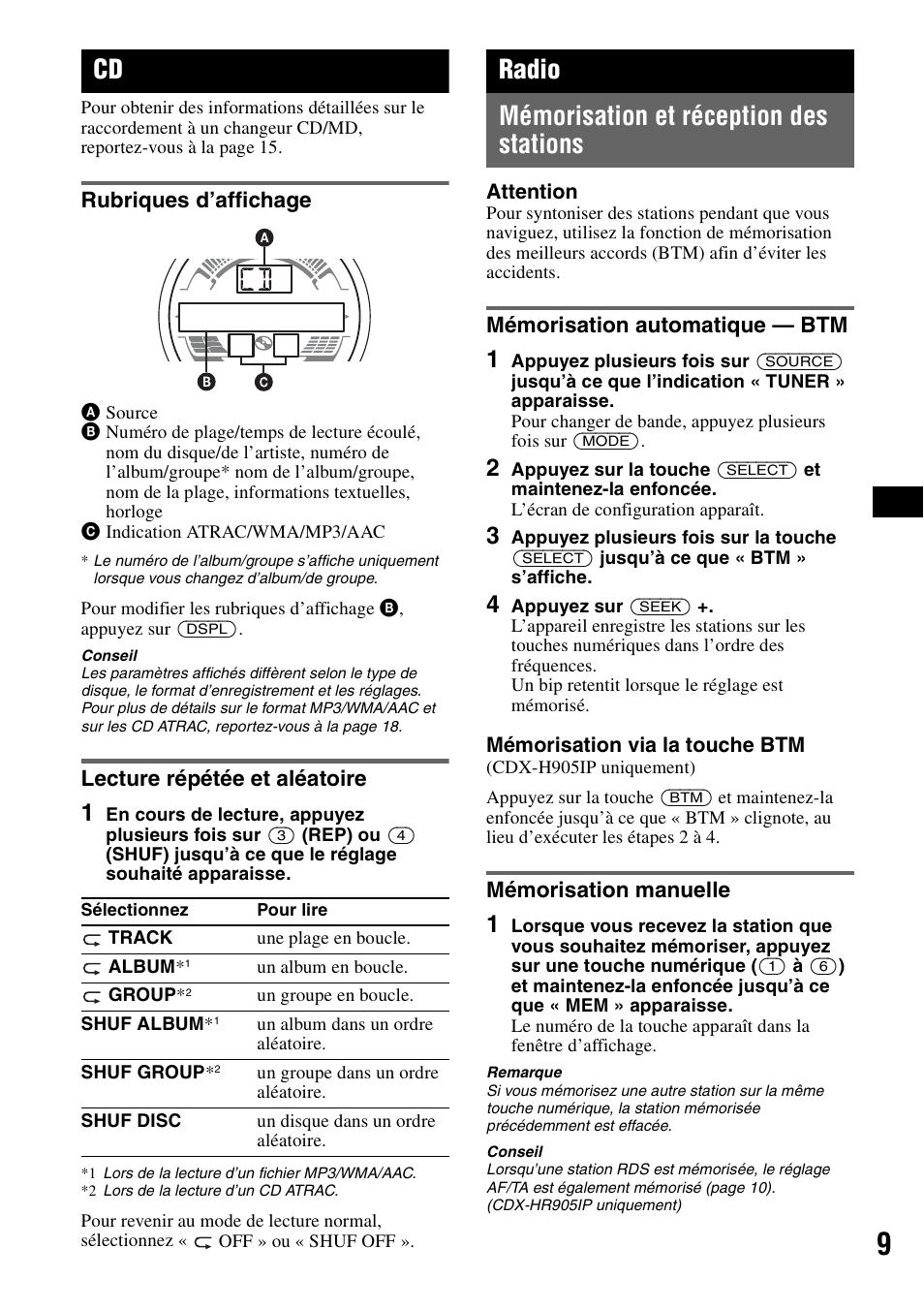 Rubriques d’affichage, Lecture répétée et aléatoire, Radio | Mémorisation et réception des stations, Mémorisation automatique - btm, Mémorisation manuelle, Rubriques d’affichage lecture répétée et aléatoire, Radio mémorisation et réception des stations | Sony CDX-H905iP User Manual | Page 33 / 136