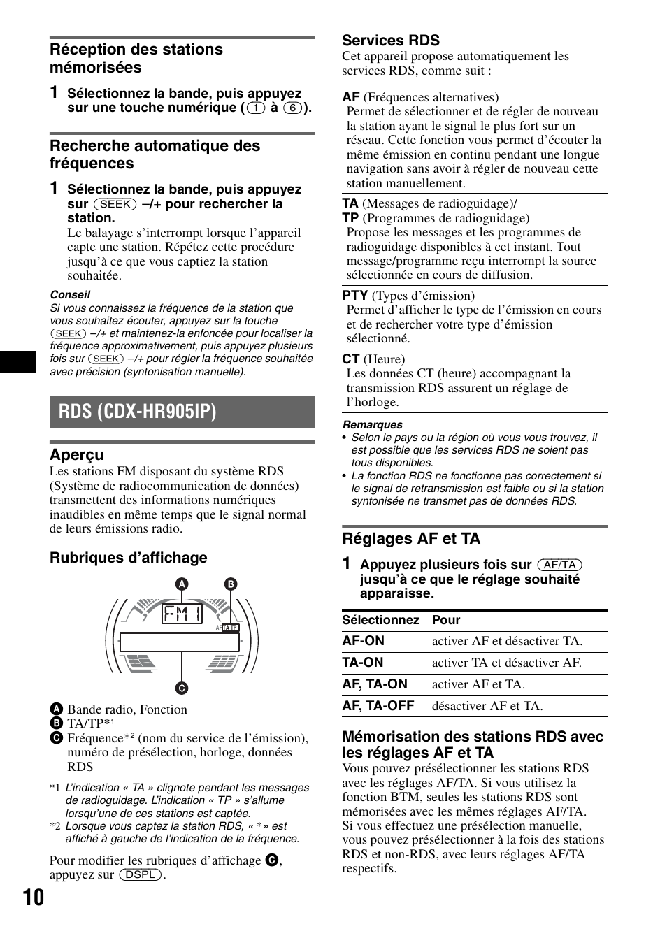 Réception des stations mémorisées, Recherche automatique des fréquences, Rds (cdx-hr905ip) | Aperçu, Réglages af et ta, Aperçu réglages af et ta | Sony CDX-H905iP User Manual | Page 34 / 136