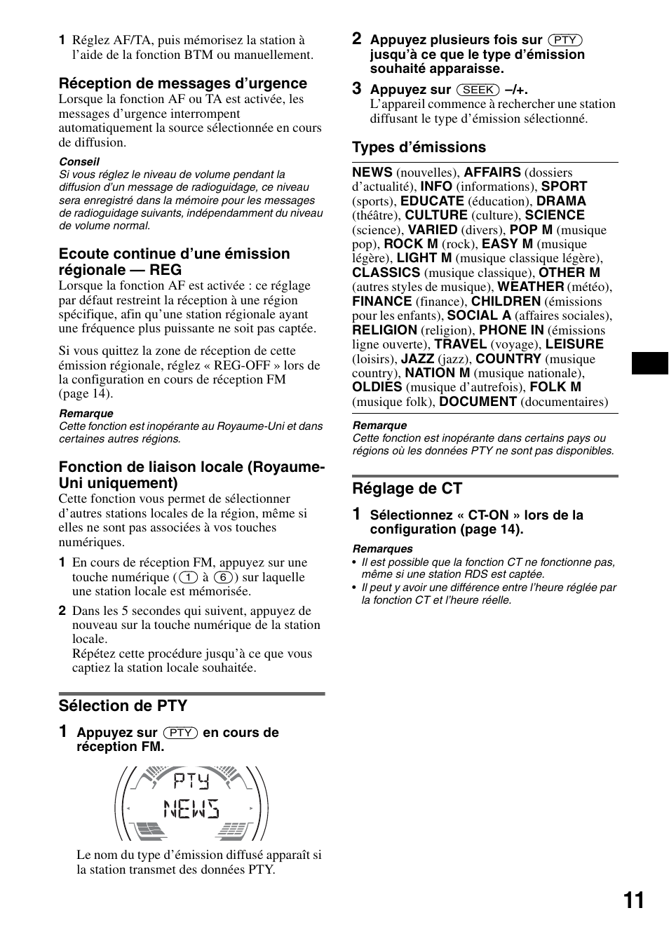 Sélection de pty, Réglage de ct, Sélection de pty réglage de ct | Sony CDX-H905iP User Manual | Page 35 / 136