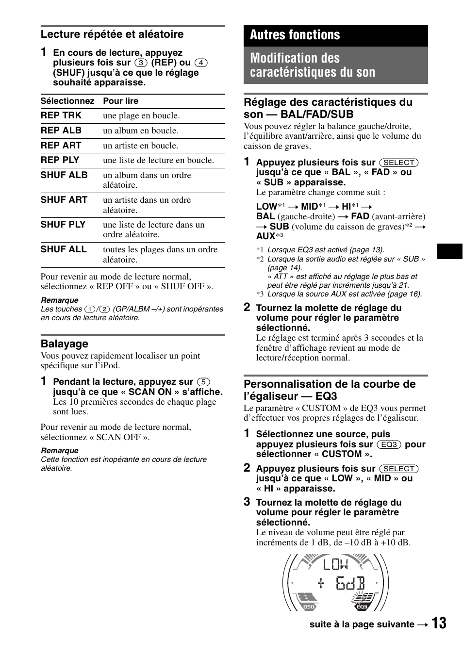 Lecture répétée et aléatoire, Balayage, Autres fonctions | Modification des caractéristiques du son, Réglage des caractéristiques du son - bal/fad/sub, Personnalisation de la courbe de l’égaliseur - eq3, Lecture répétée et aléatoire balayage, Réglage des caractéristiques du son | Sony CDX-H905iP User Manual | Page 37 / 136