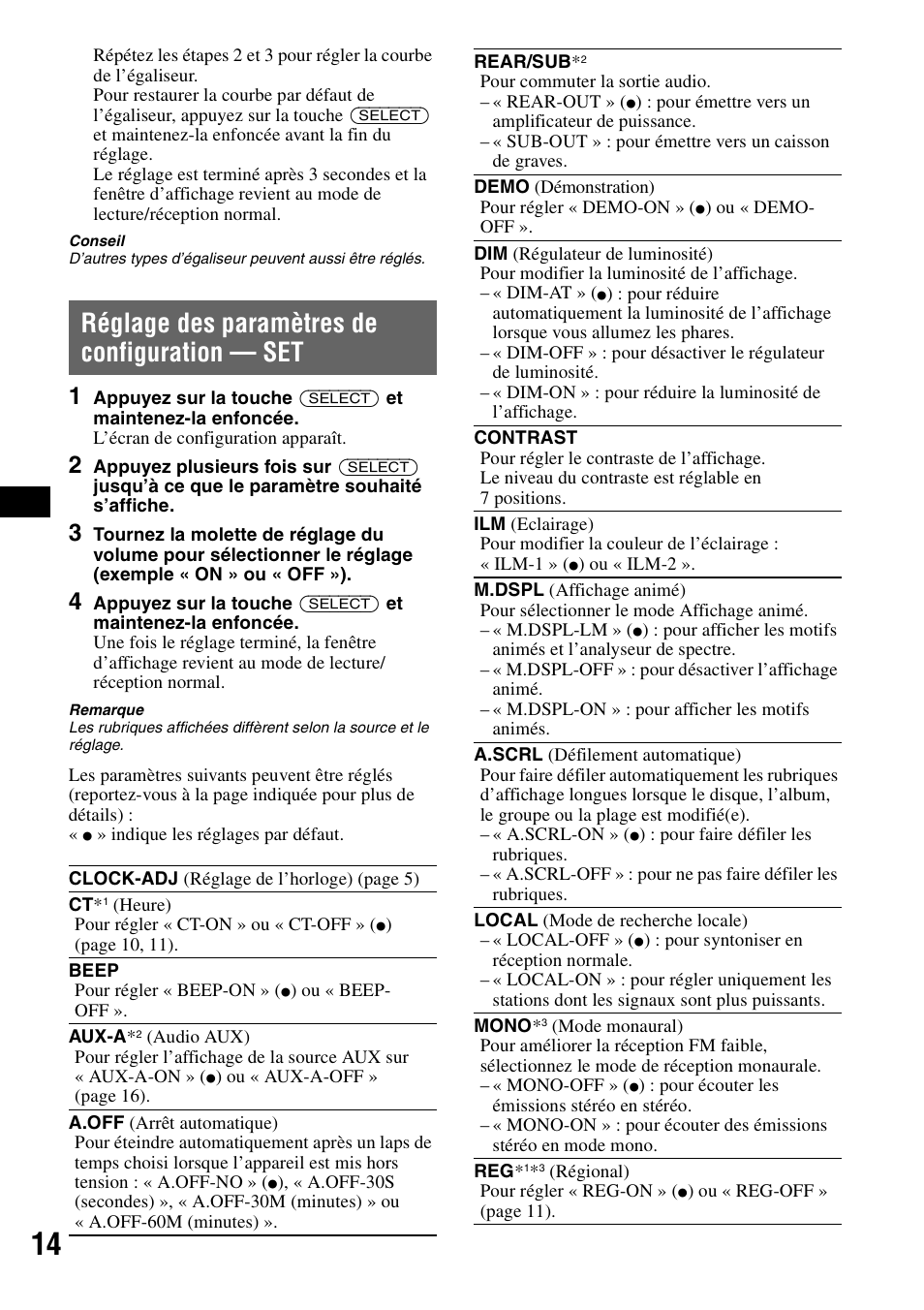 Réglage des paramètres de configuration - set, Réglage des paramètres de configuration, Réglage des paramètres de configuration — set | Sony CDX-H905iP User Manual | Page 38 / 136