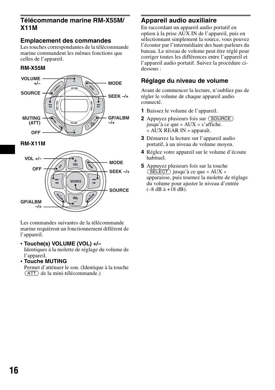 Télécommande marine rm-x55m/ x11m, Appareil audio auxiliaire, Télécommande marine rm-x55m | X11m appareil audio auxiliaire | Sony CDX-H905iP User Manual | Page 40 / 136