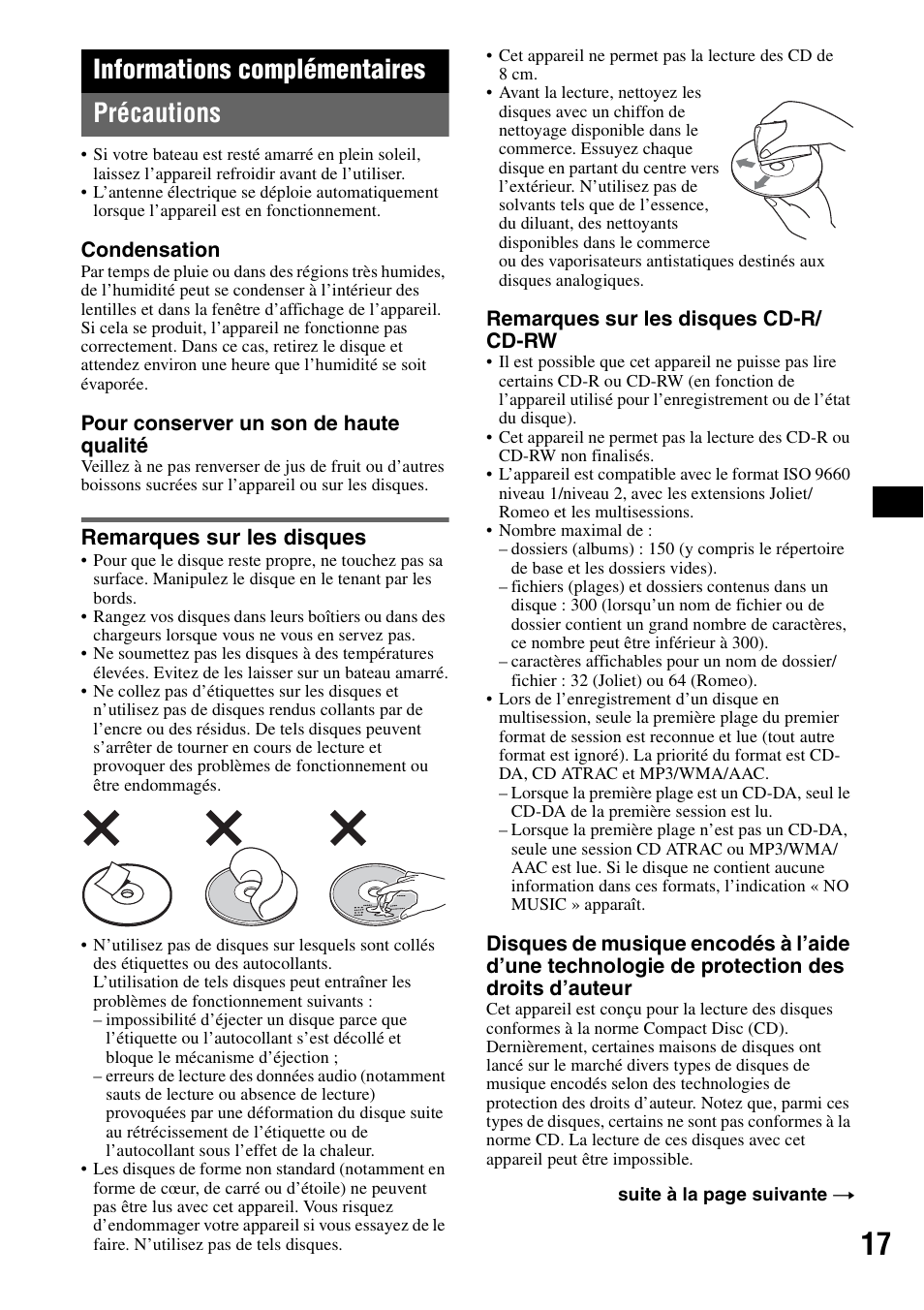 Informations complémentaires, Précautions, Remarques sur les disques | Informations complémentaires précautions | Sony CDX-H905iP User Manual | Page 41 / 136