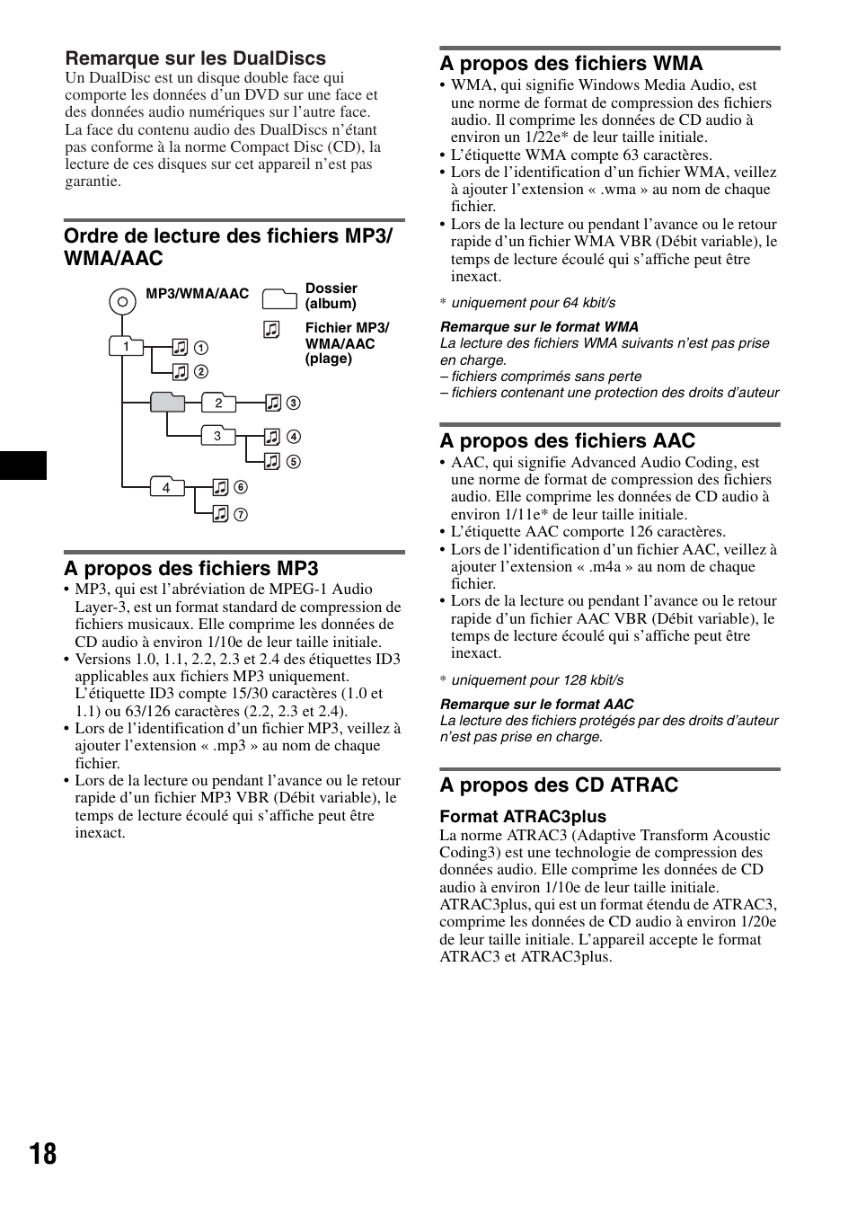 Ordre de lecture des fichiers mp3/ wma/aac, A propos des fichiers mp3, A propos des fichiers wma | A propos des fichiers aac, A propos des cd atrac, Ordre de lecture des fichiers mp3/wma | Sony CDX-H905iP User Manual | Page 42 / 136