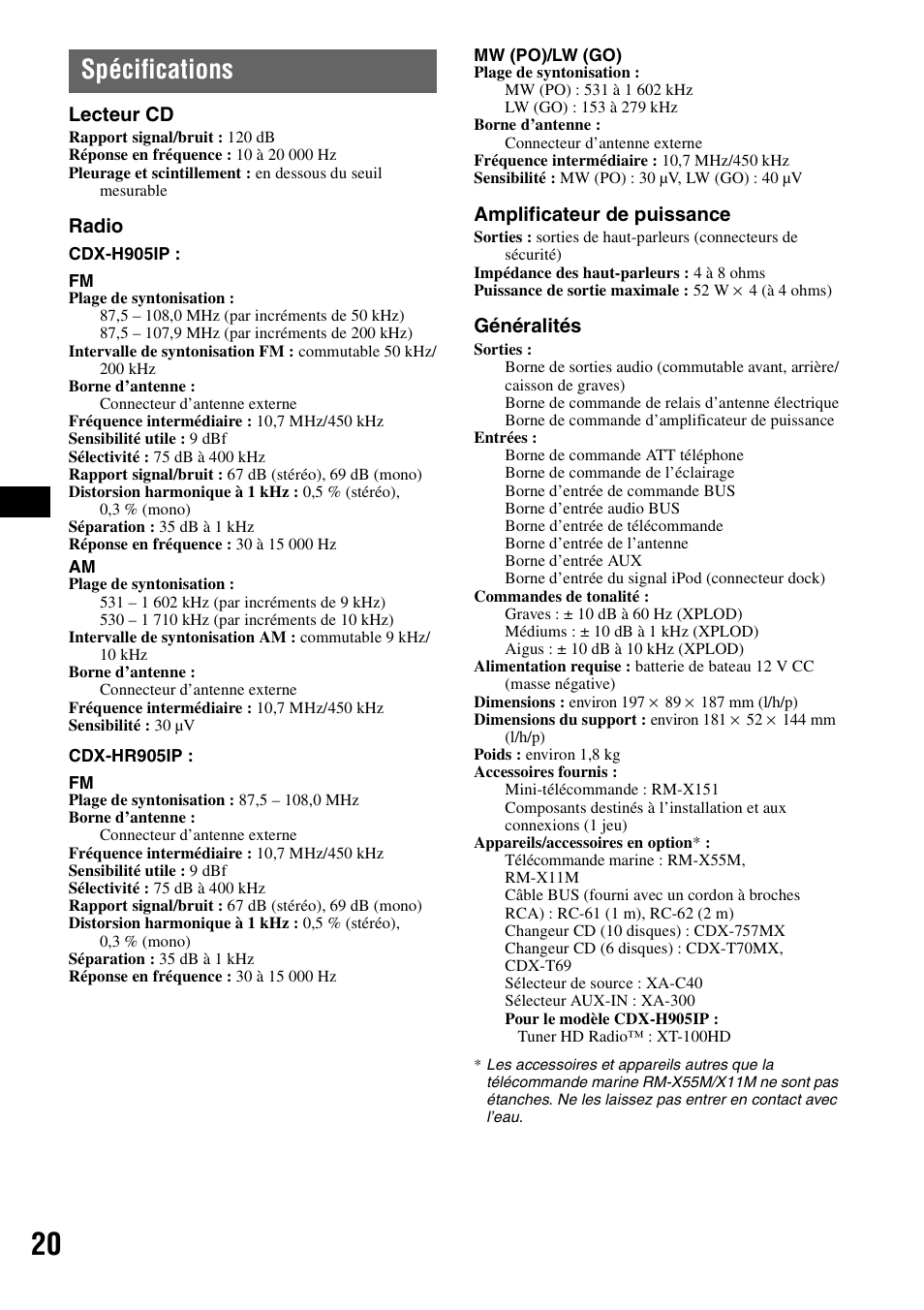 Spécifications | Sony CDX-H905iP User Manual | Page 44 / 136