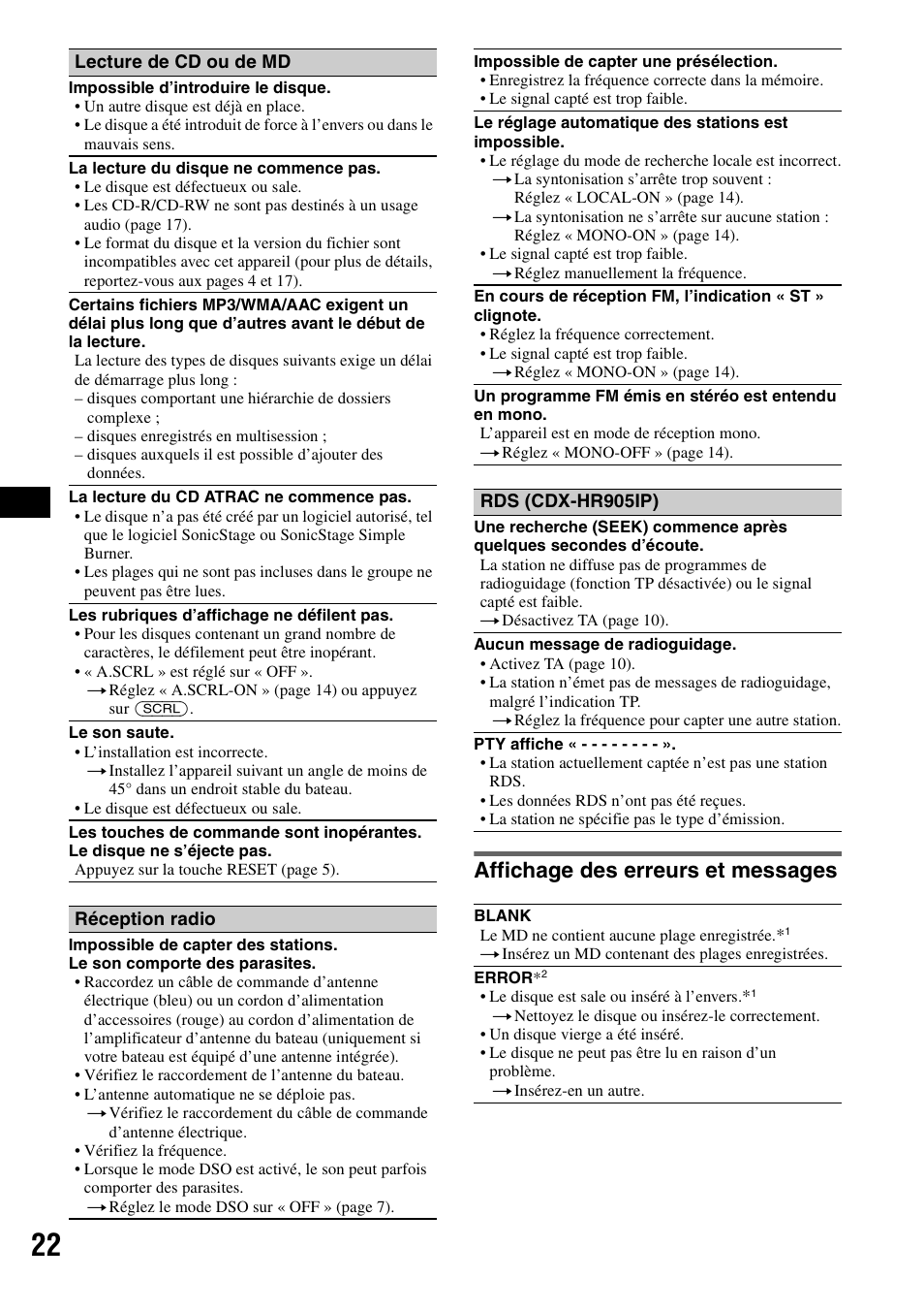 Affichage des erreurs et messages | Sony CDX-H905iP User Manual | Page 46 / 136