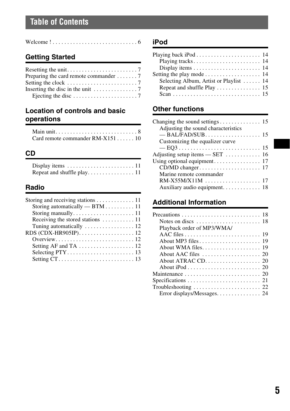 Sony CDX-H905iP User Manual | Page 5 / 136
