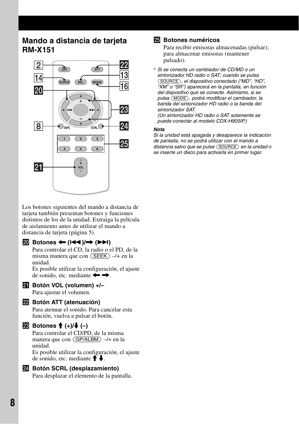 Mando a distancia de tarjeta rm-x151 | Sony CDX-H905iP User Manual | Page 54 / 136