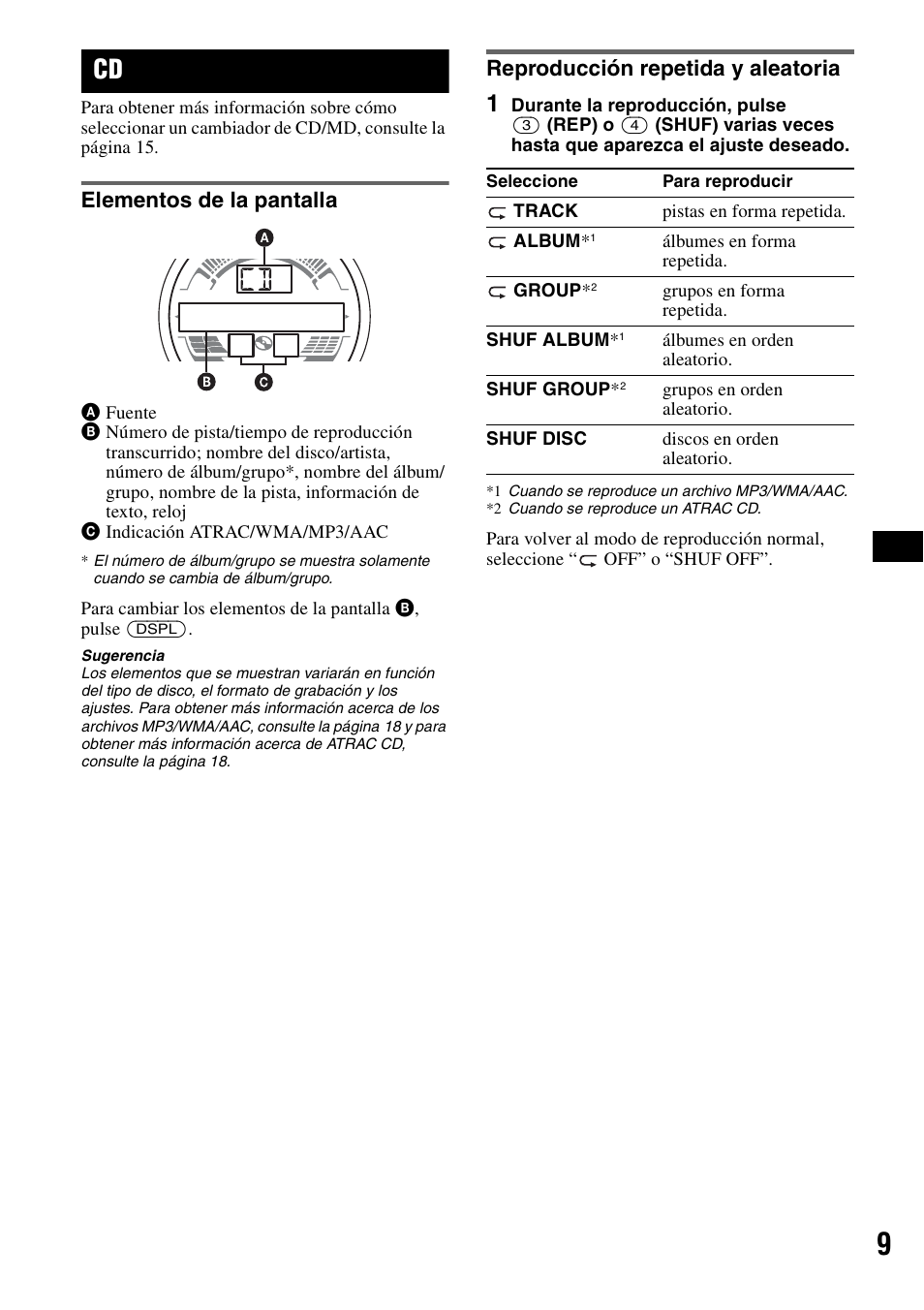 Elementos de la pantalla, Reproducción repetida y aleatoria | Sony CDX-H905iP User Manual | Page 55 / 136