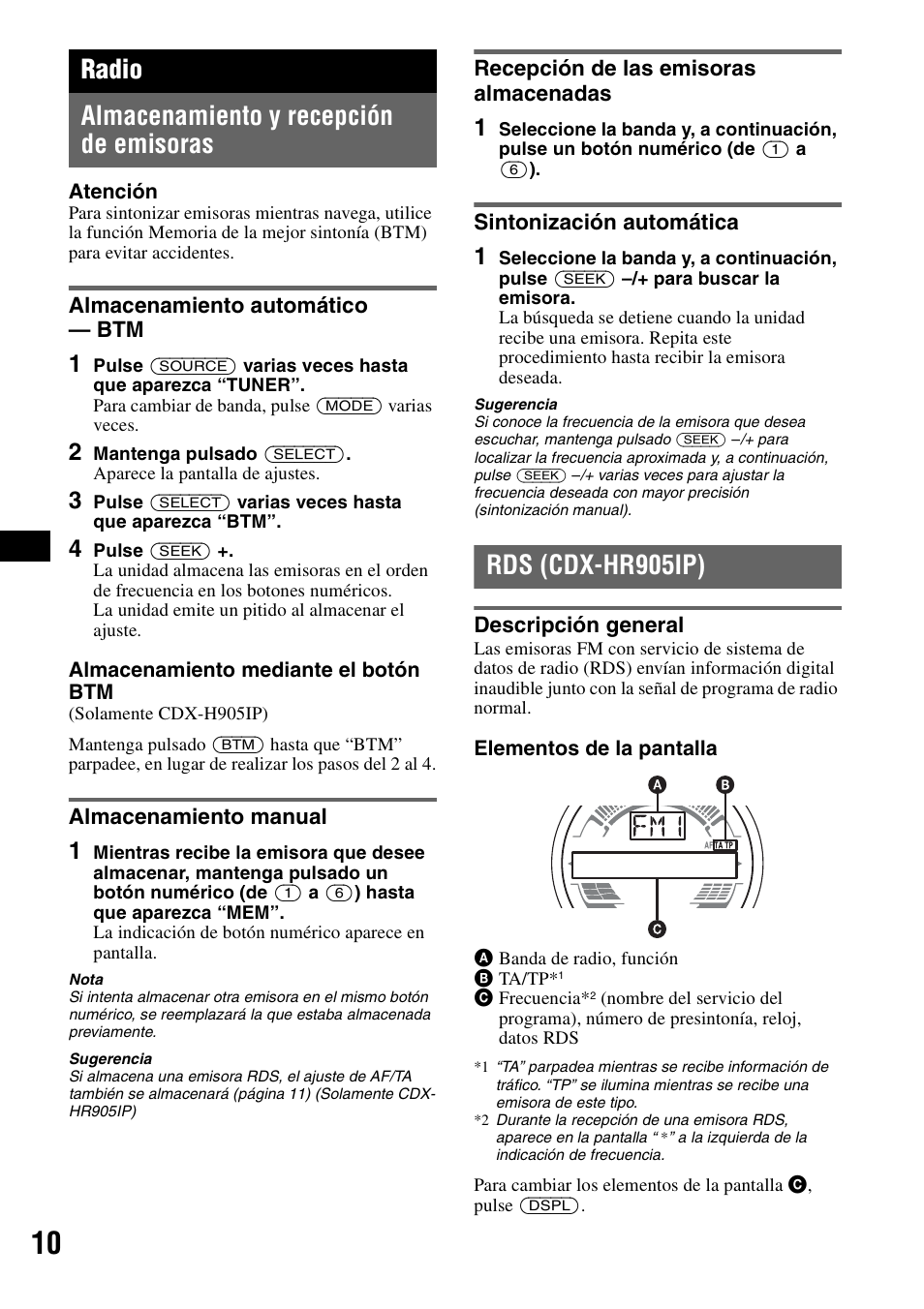 Radio, Almacenamiento y recepción de emisoras, Almacenamiento automático - btm | Almacenamiento manual, Recepción de las emisoras almacenadas, Sintonización automática, Rds (cdx-hr905ip), Descripción general, Radio almacenamiento y recepción de emisoras | Sony CDX-H905iP User Manual | Page 56 / 136