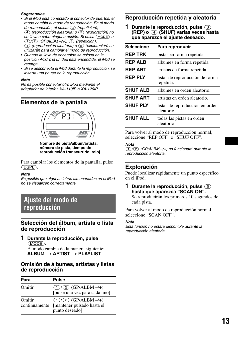 Elementos de la pantalla, Ajuste del modo de reproducción, Reproducción repetida y aleatoria | Exploración | Sony CDX-H905iP User Manual | Page 59 / 136