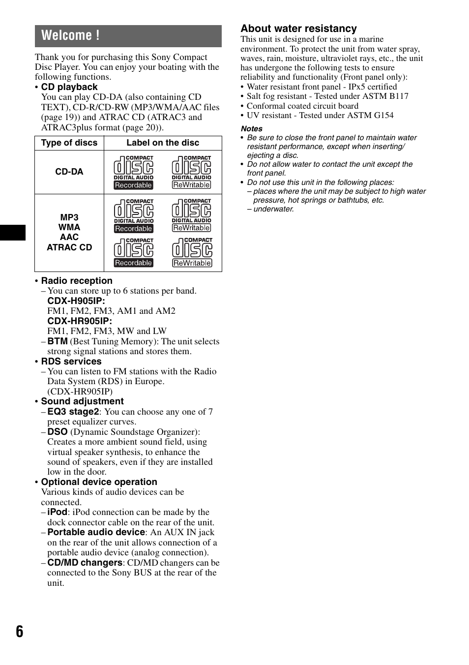 Welcome | Sony CDX-H905iP User Manual | Page 6 / 136