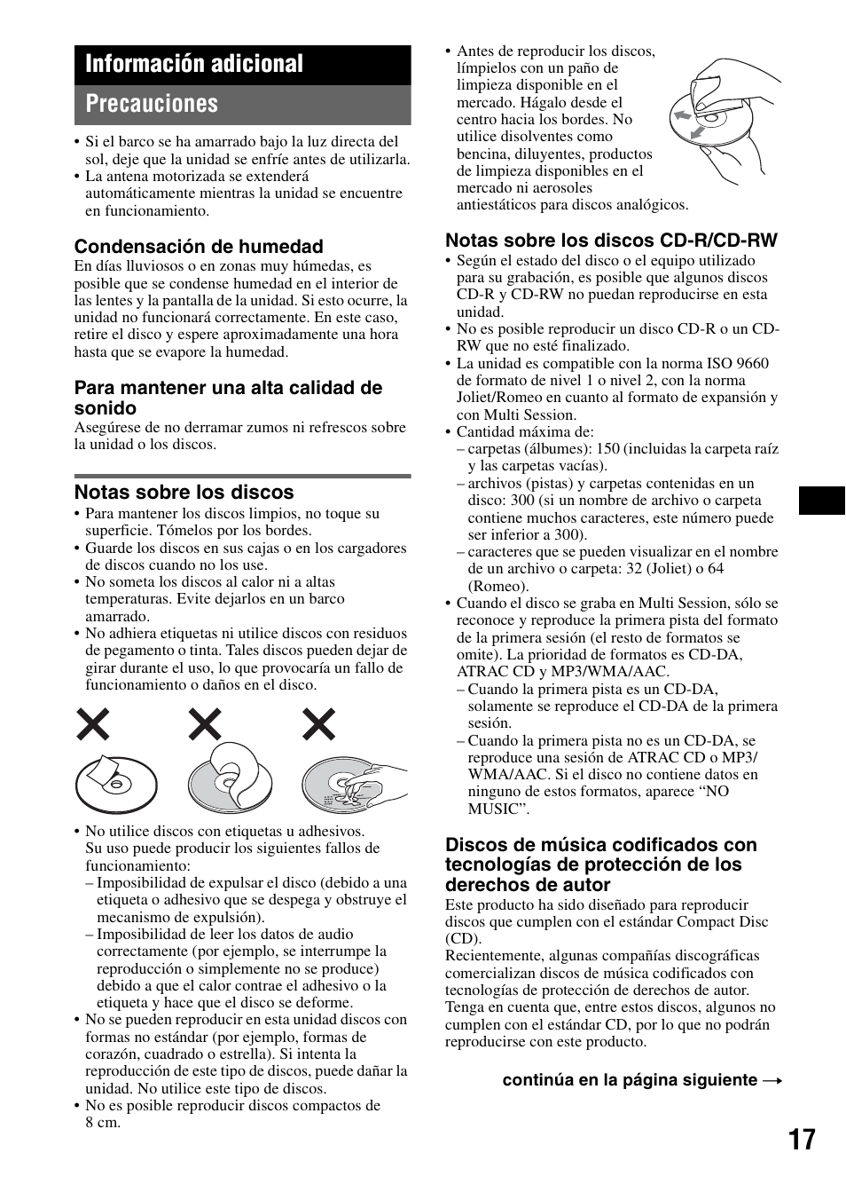 Información adicional, Precauciones, Notas sobre los discos | Información adicional precauciones | Sony CDX-H905iP User Manual | Page 63 / 136